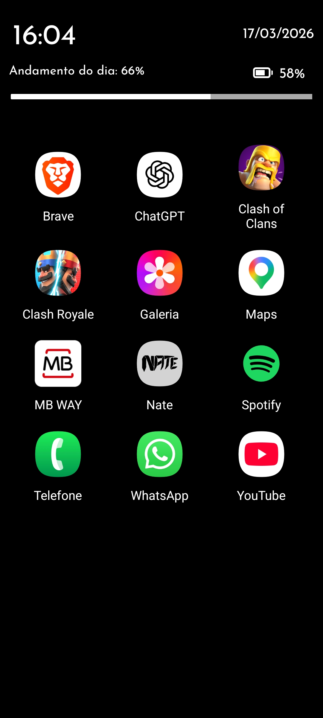 Ecrã principal do Focus Launcher com hora, progresso do dia e grelha de apps.